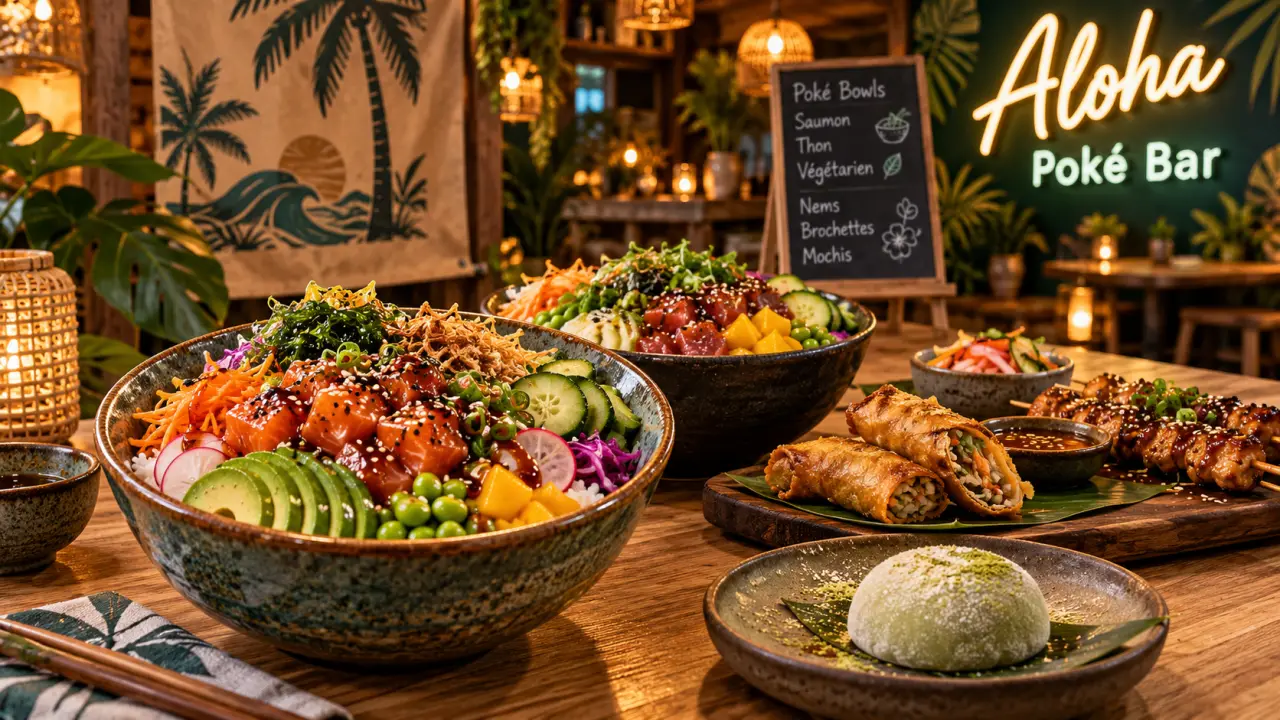 Aloha pokē bar & thaï street food : bols poké et nems sur table bois clair