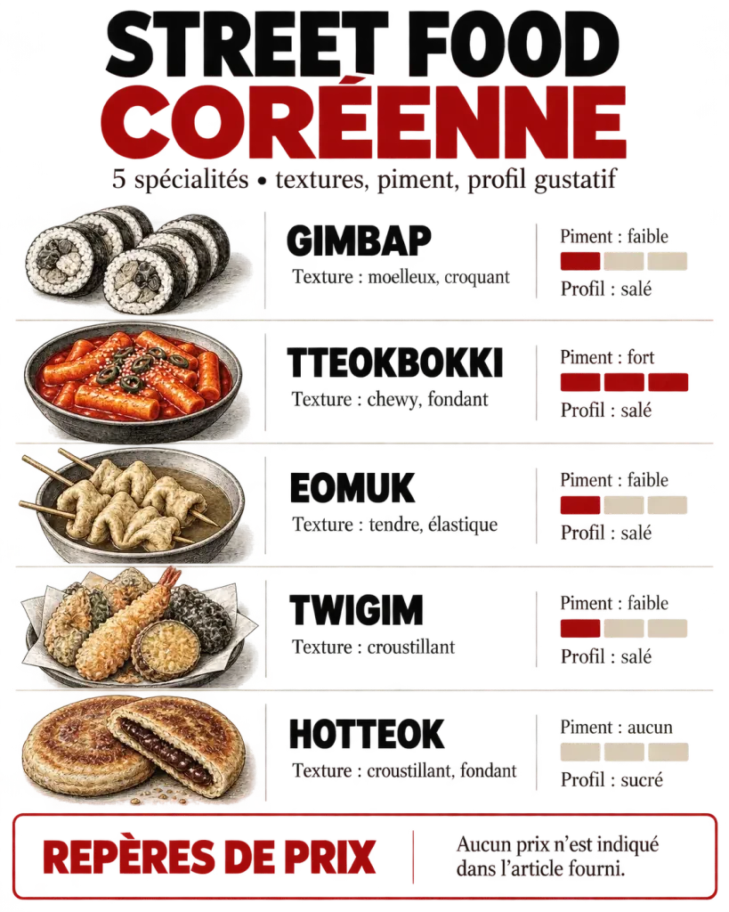 Street food of Korea : tableau visuel des spécialités coréennes, textures, piment et prix indicatifs