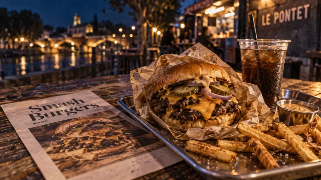Le 58 street food au Pontet : smash burgers, menu et frites sur table