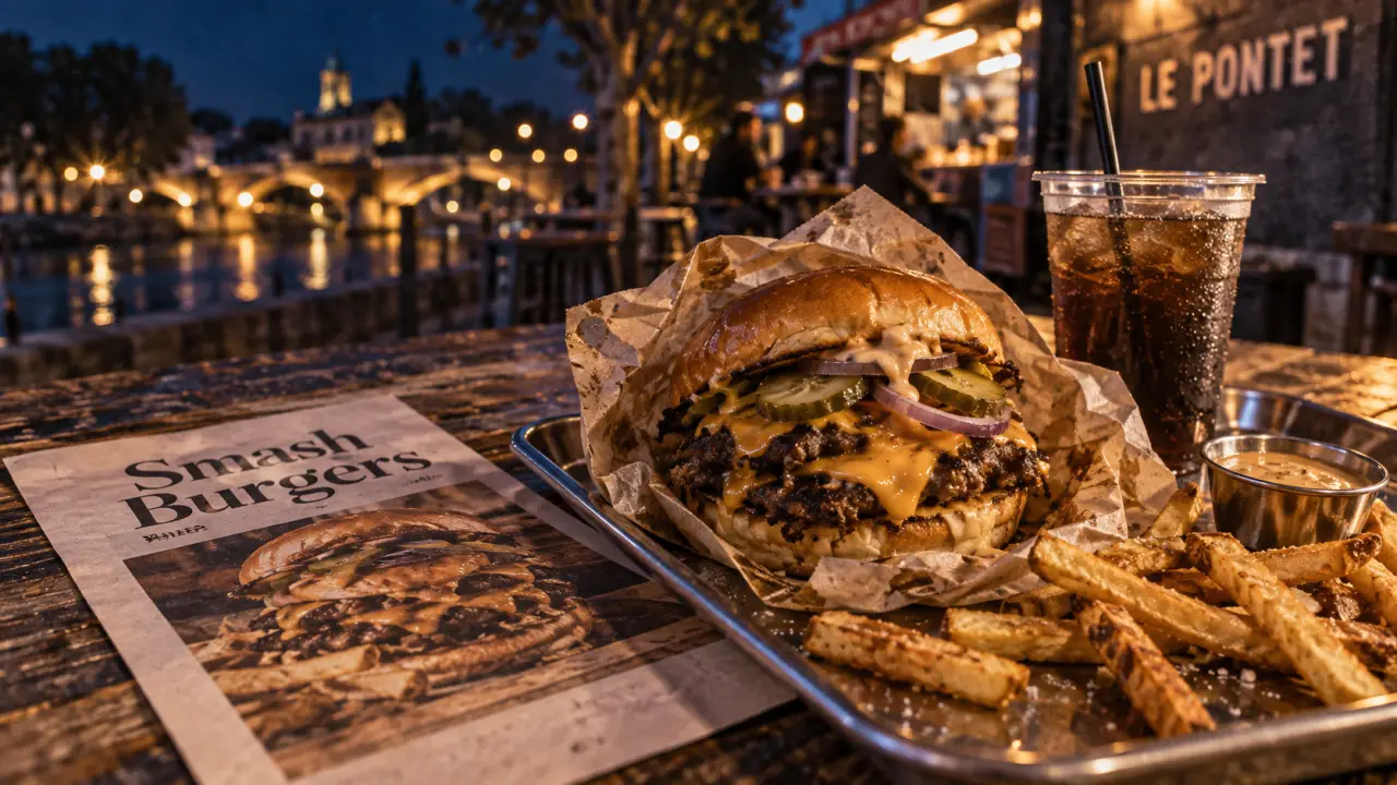 Le 58 street food au Pontet : smash burgers, menu et frites sur table