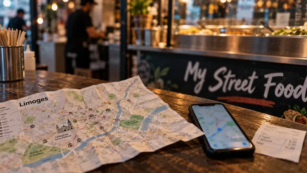 My street food à Limoges : carte et contact sur un comptoir