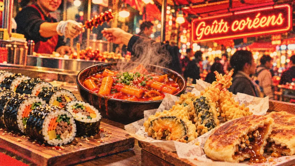 Street food of korea : tteokbokki rouge, hotteok doré, gimbap au marché coréen