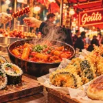 Street food of korea : tteokbokki rouge, hotteok doré, gimbap au marché coréen