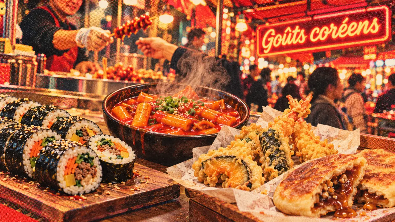 Street food of korea : tteokbokki rouge, hotteok doré, gimbap au marché coréen