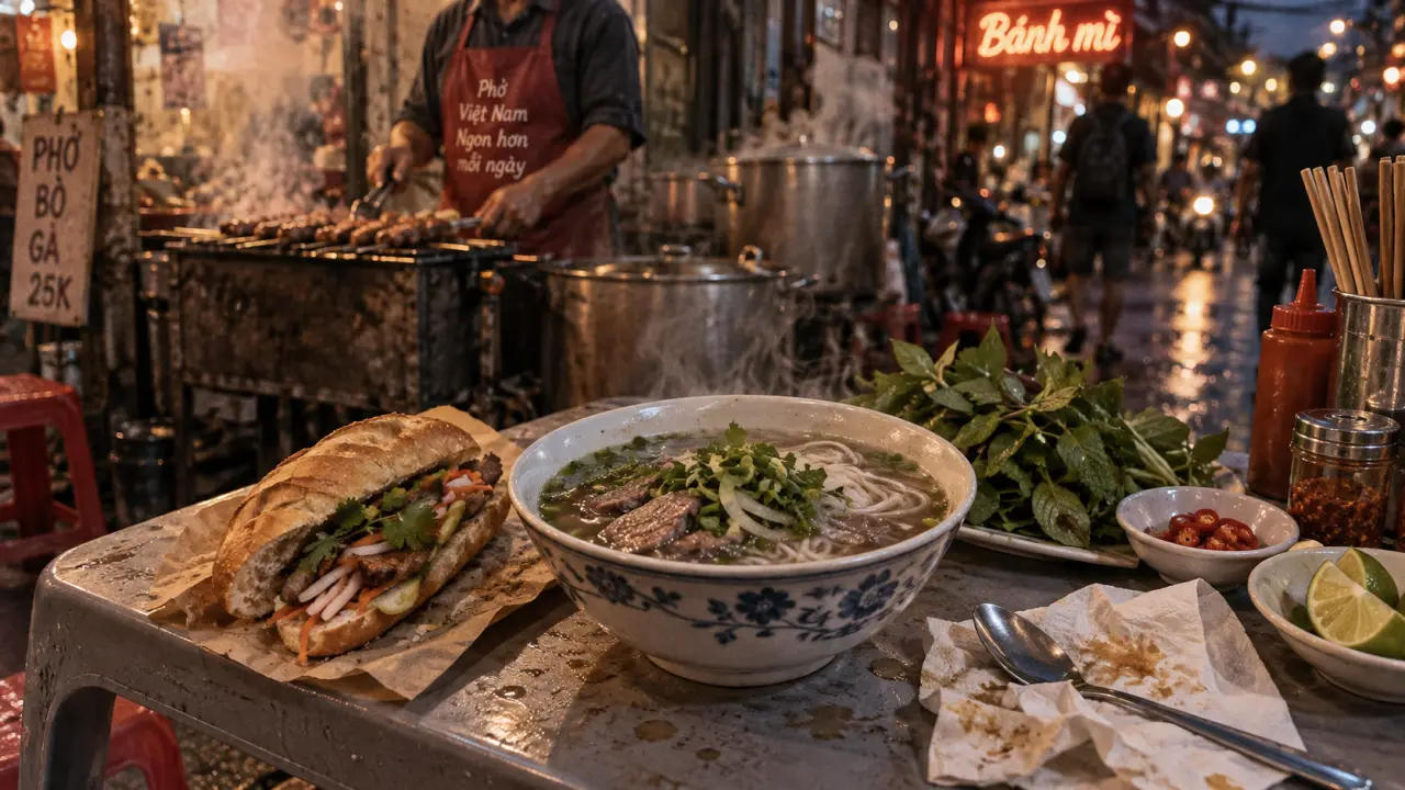Vietnamese street food saigon : phở fumant et bánh mì au trottoir