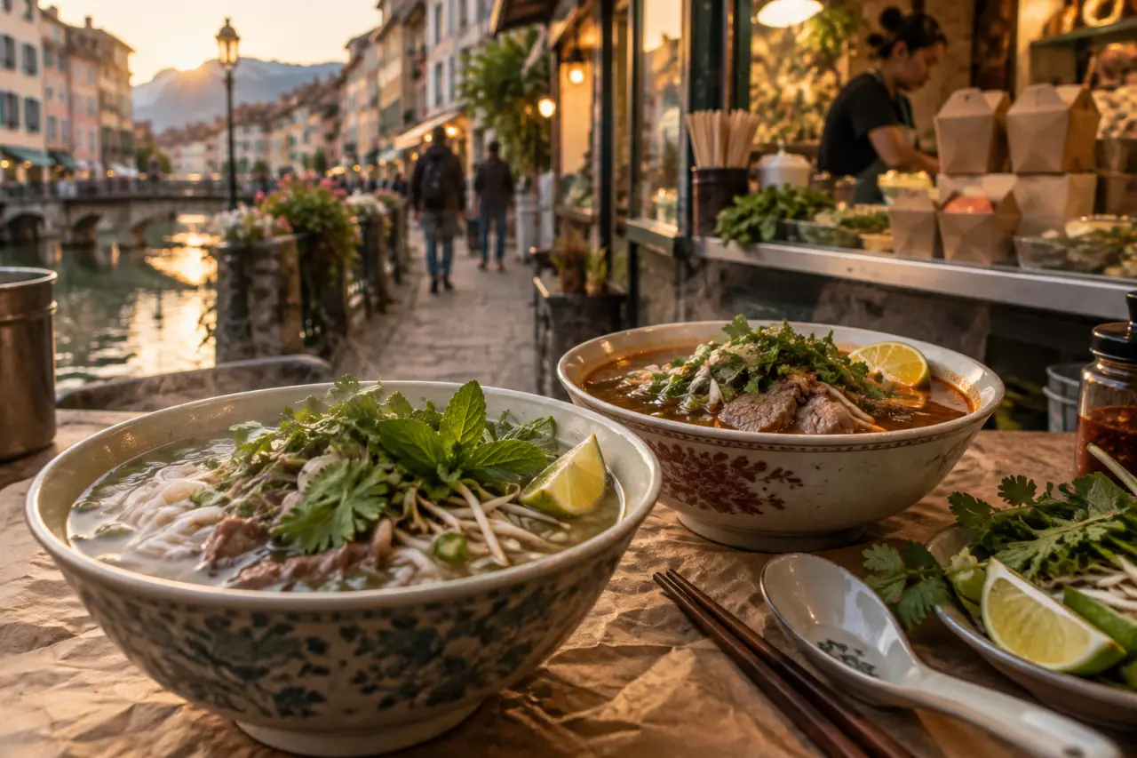 yin ba viet street food à Annecy : bols pho et bun boeuf fumants, herbes et citron